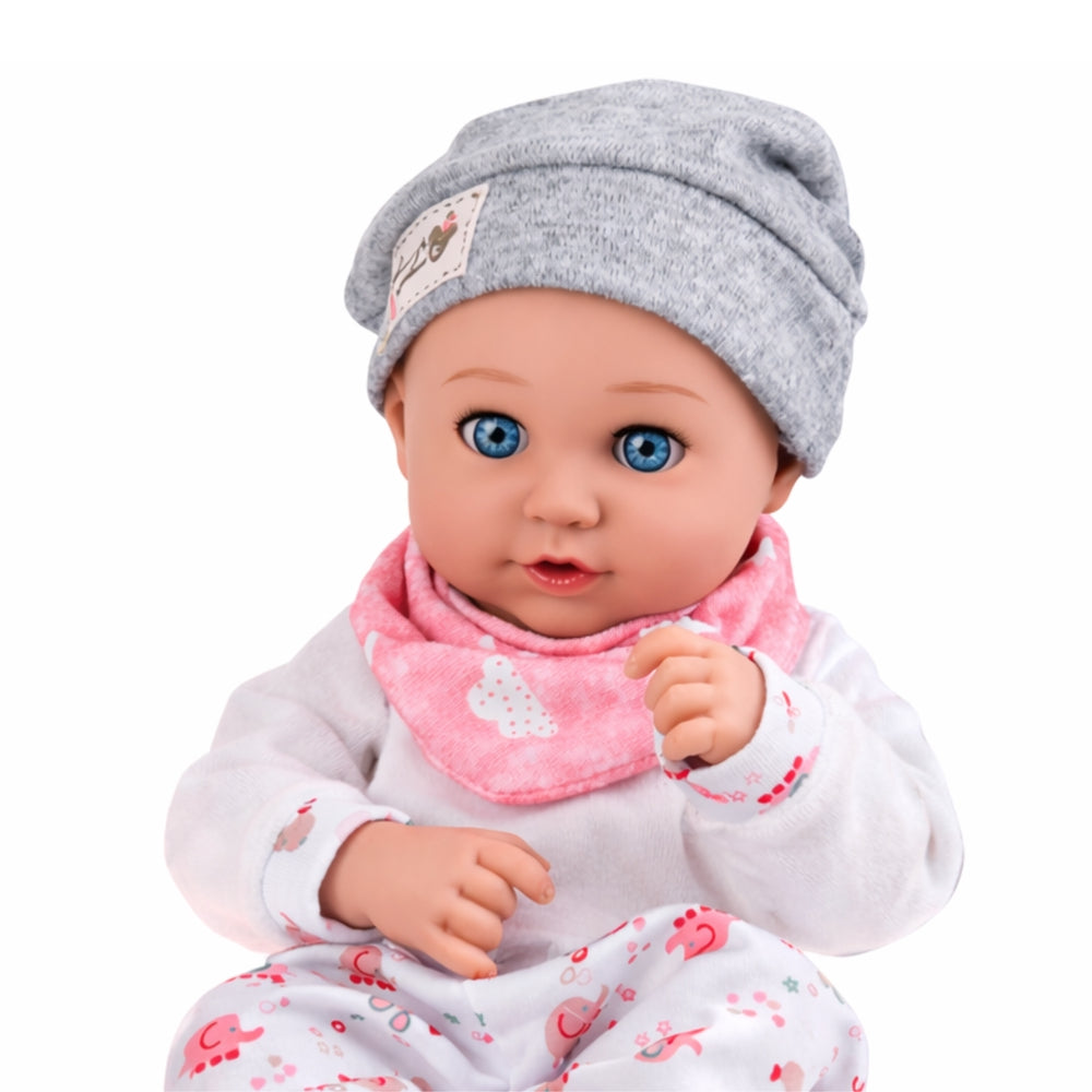 Babydocka 28 cm med kläder och matningstillbehör, skallra