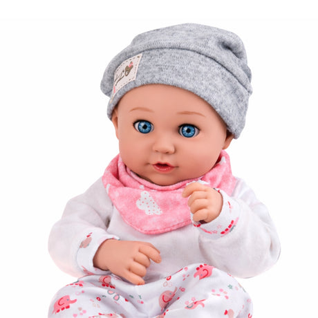 Babydocka 28 cm med kläder och matningstillbehör, skallra