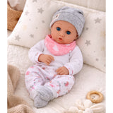Babydocka 28 cm med kläder och matningstillbehör, skallra