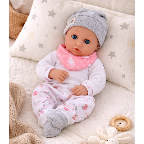 Babydocka 28 cm med kläder och matningstillbehör, skallra