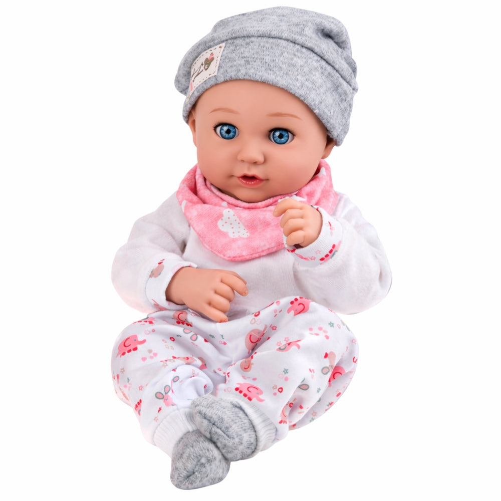 Babydocka 28 cm med kläder och matningstillbehör, skallra