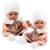 Babydocka 29 cm med beige klänning, mössa och strumpor