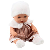 Babydocka 29 cm med beige klänning, mössa och strumpor