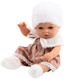 Babydocka 29 cm med beige klänning, mössa och strumpor