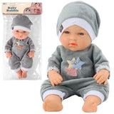 Babydocka 30 cm med grå pyjamas och mössa, mjuk tygklädsel