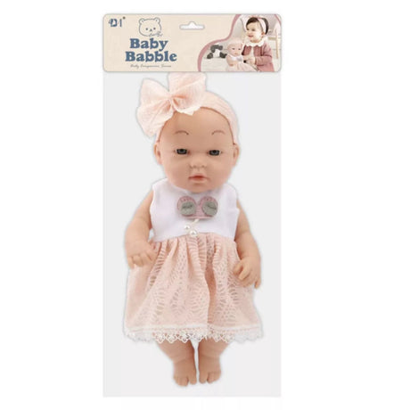 Babydocka 30 cm med rosa klänning och hårband med rosett