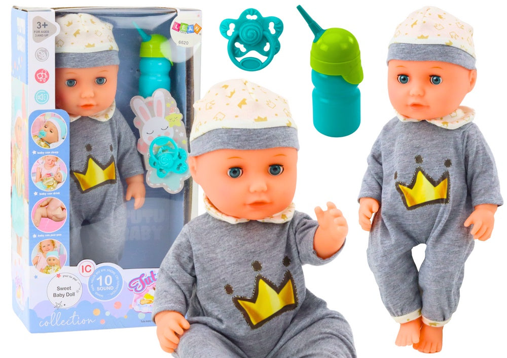 Babydocka 35 cm med ljud, kissfunktion och nappflaska, grå pyjamas