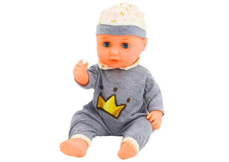 Babydocka 35 cm med ljud, kissfunktion och nappflaska, grå pyjamas