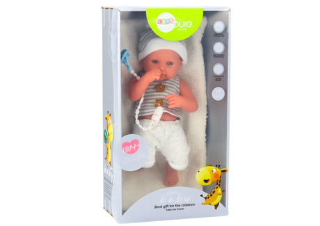Babydocka 35 cm vit/grå med napp på snöre och filt, 18+ mån