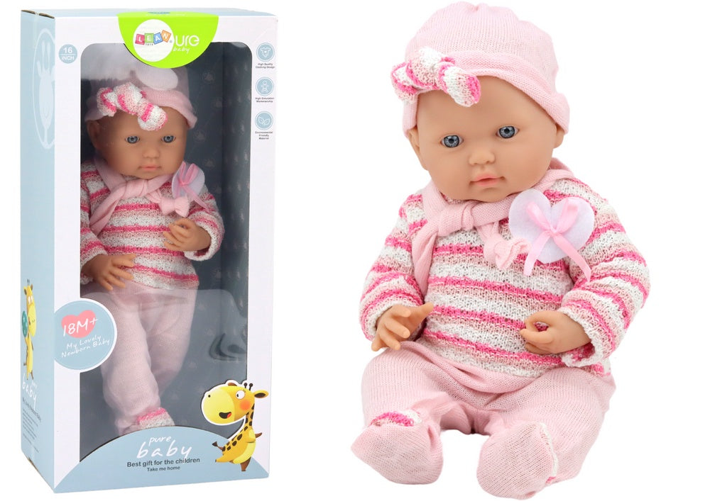 Babydocka 39 cm med rörliga armar/ben, rosa kläder, 18+ mån
