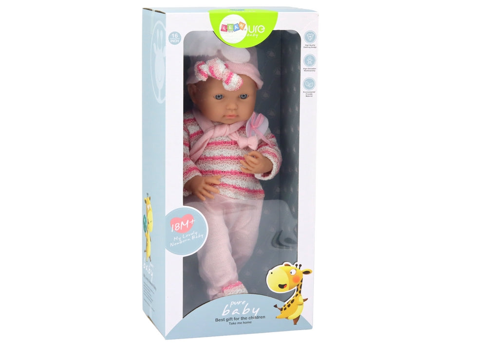 Babydocka 39 cm med rörliga armar/ben, rosa kläder, 18+ mån