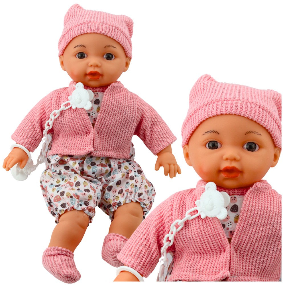 Babydocka 40 cm med avtagbara kläder och napp med kedja