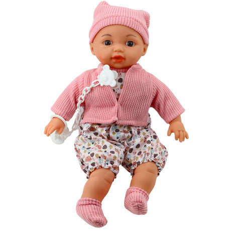 Babydocka 40 cm med avtagbara kläder och napp med kedja