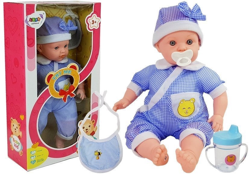 Babydocka med ljud 12 st, flaska napp haklapp, blå pyjamas 3+