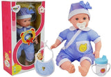 Babydocka med ljud 12 st, flaska napp haklapp, blå pyjamas 3+