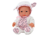 Babydukka 21 cm med rörliga leder, vit outfit med hjärtan, 3+ år