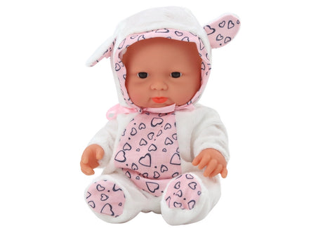 Babydukka 21 cm med rörliga leder, vit outfit med hjärtan, 3+ år
