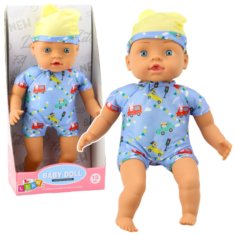 Babydukka 31 cm med sydda kläder och hatt, rörliga leder 18+ mån