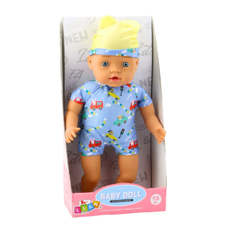 Babydukka 31 cm med sydda kläder och hatt, rörliga leder 18+ mån