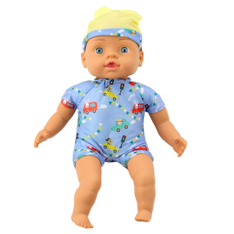Babydukka 31 cm med sydda kläder och hatt, rörliga leder 18+ mån