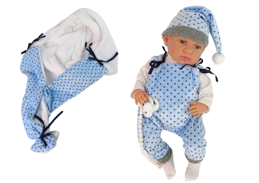 Babydukka 46 cm med napp och stjärnmönstrad filt, från 3 år