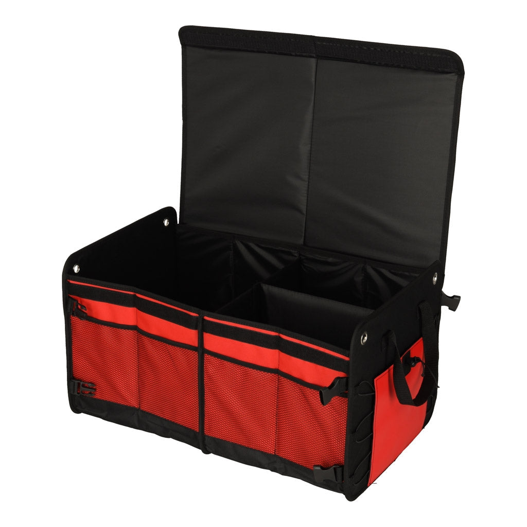 Bagageutrymmesorganizer bil 60L vikbar med lock och avdelare svart/röd
