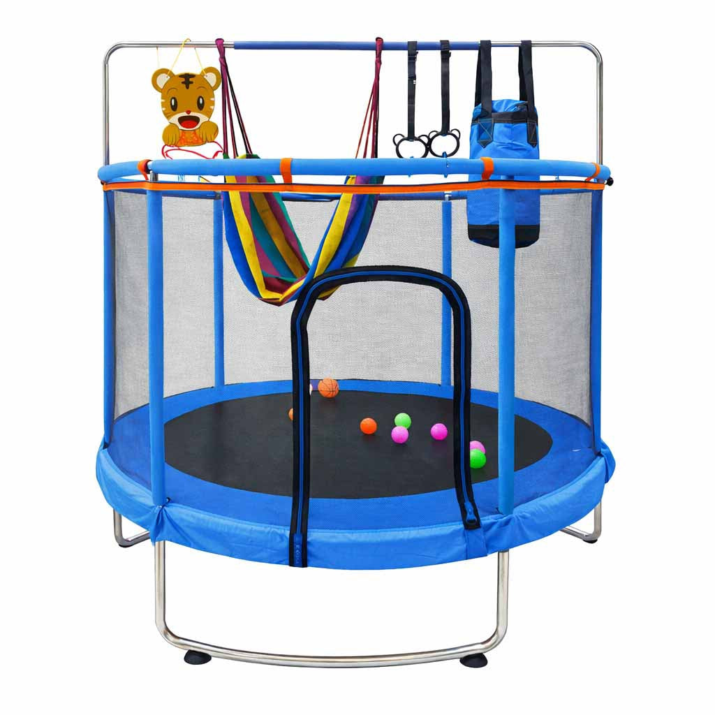Barntrampolin 155 cm med säkerhetsnät, basketkorg & hängmatta 6+