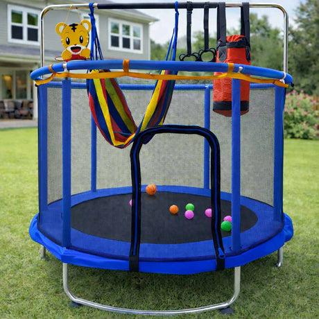 Barntrampolin 155 cm med säkerhetsnät, basketkorg & hängmatta 6+