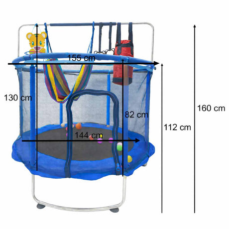 Barntrampolin 155 cm med säkerhetsnät, basketkorg & hängmatta 6+