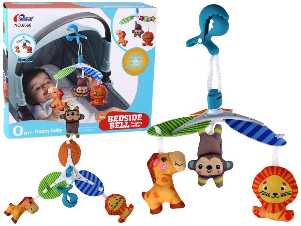 Barnvagnsmobil med klipp 3-pack plyschdjur giraff lejon apa