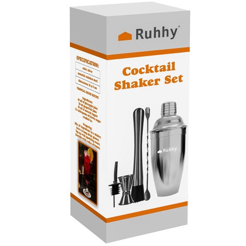 Bartenderset 6 delar i rostfritt stål, shaker 700 ml med sil