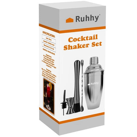 Bartenderset 6 delar i rostfritt stål, shaker 700 ml med sil