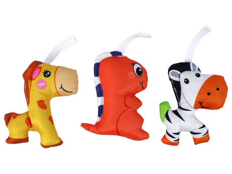 Batteridriven sängkarusell blå med plyschfigurer zebra/giraff/dino