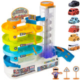 Bilparkering leksak 5 våningar med spiralhiss, 6 bilar, 3+ år