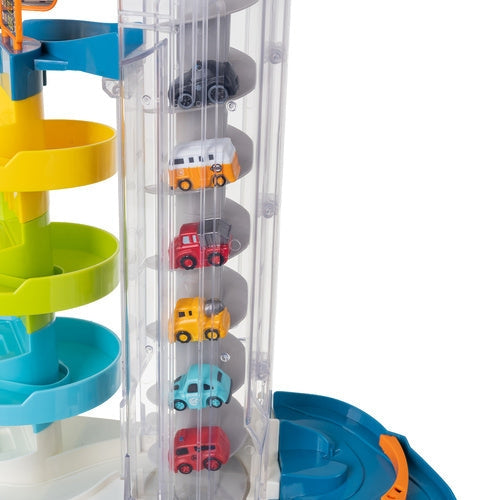 Bilparkering leksak 5 våningar med spiralhiss, 6 bilar, 3+ år