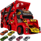 Biltransportör leksak med avfyrningsramp, 6 die-cast bilar röd/svart