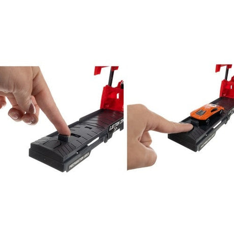 Biltransportör leksak med avfyrningsramp, 6 die-cast bilar röd/svart
