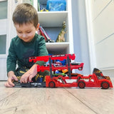 Biltransportör leksak med avfyrningsramp, 6 die-cast bilar röd/svart