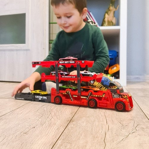 Biltransportör leksak med avfyrningsramp, 6 die-cast bilar röd/svart