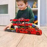 Biltransportör leksak med avfyrningsramp, 6 die-cast bilar röd/svart