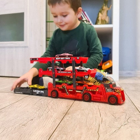 Biltransportör leksak med avfyrningsramp, 6 die-cast bilar röd/svart