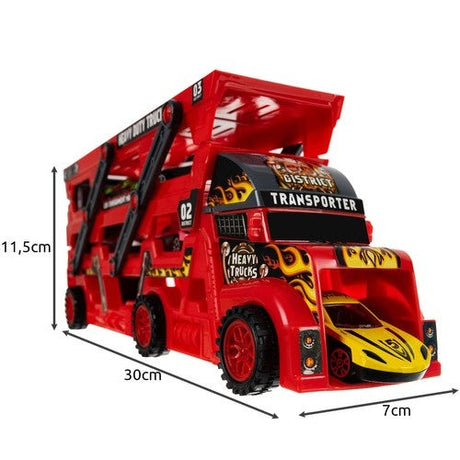 Biltransportör leksak med avfyrningsramp, 6 die-cast bilar röd/svart