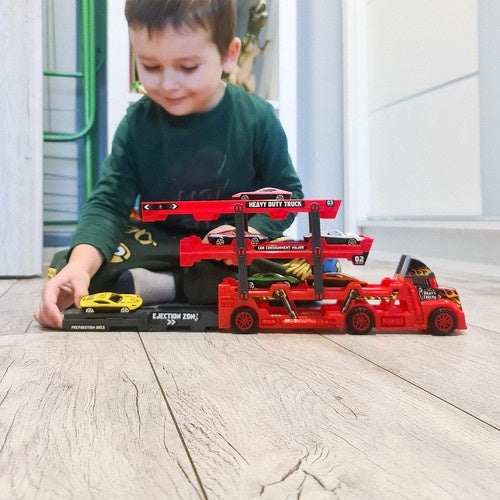 Biltransportör leksak med avfyrningsramp, 6 die-cast bilar röd/svart