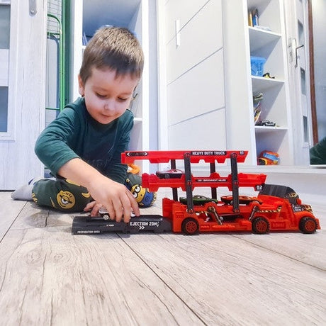 Biltransportör leksak med avfyrningsramp, 6 die-cast bilar röd/svart