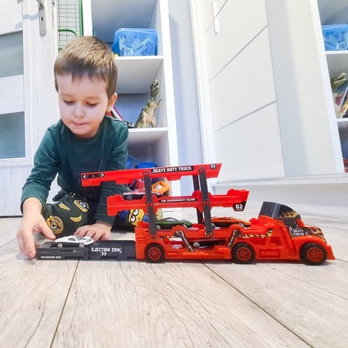 Biltransportör leksak med avfyrningsramp, 6 die-cast bilar röd/svart