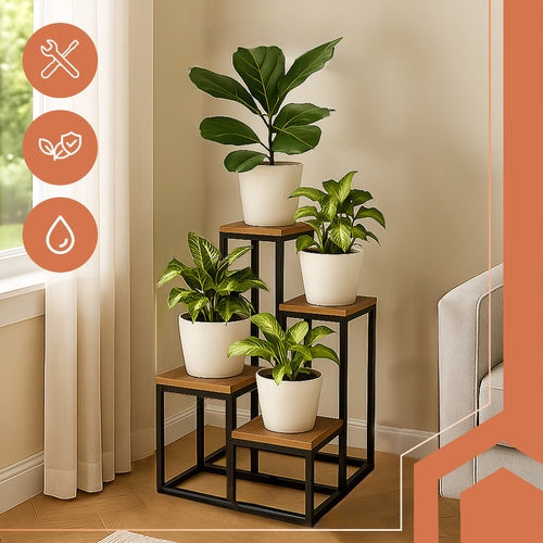 Blomsterställ växtställ 4 hyllor 69 cm MDF/järn svart/trä