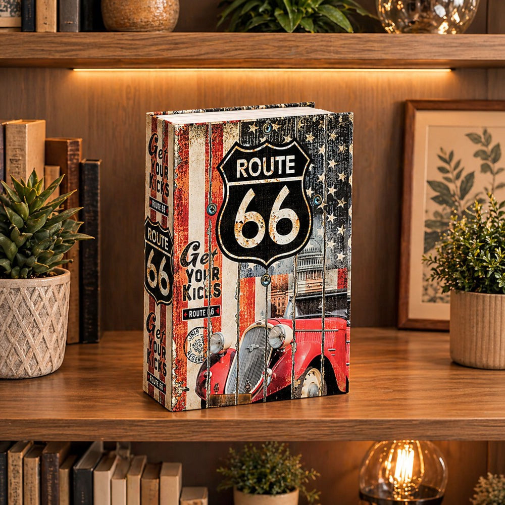 Bokgömma med nyckellås Route 66-motiv 18,5x12x6 cm 2 nycklar