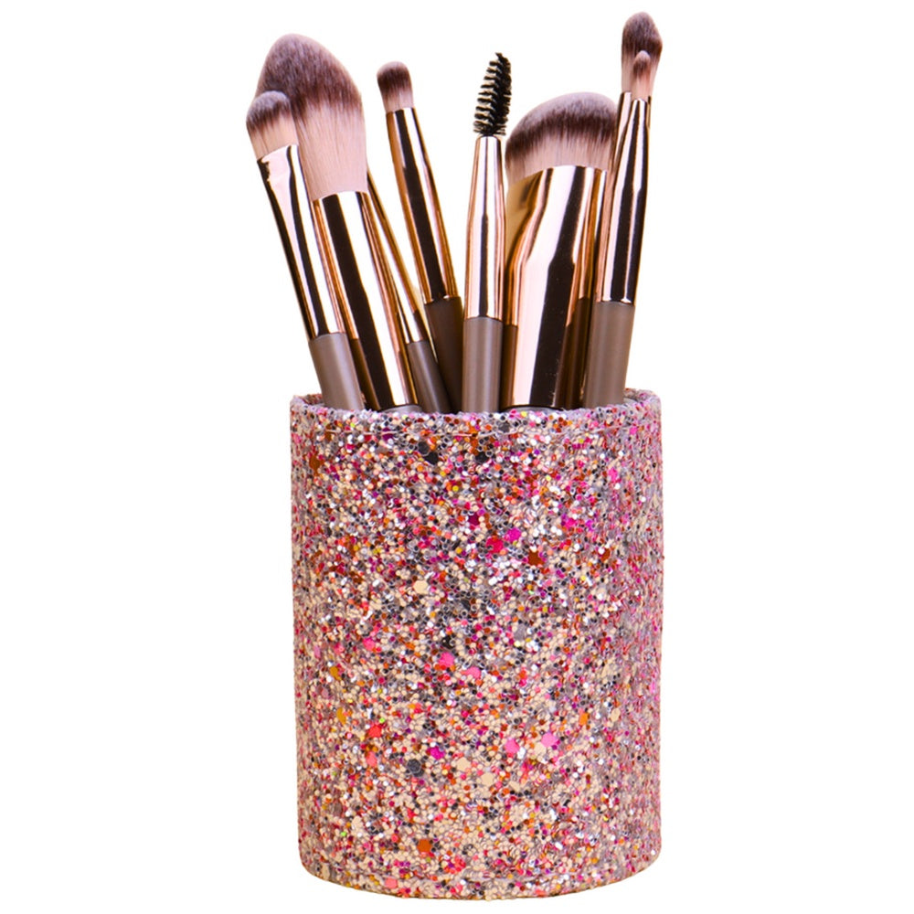 Borsthållare i plast glittrig rosa 9x7x7 cm för makeupborstar