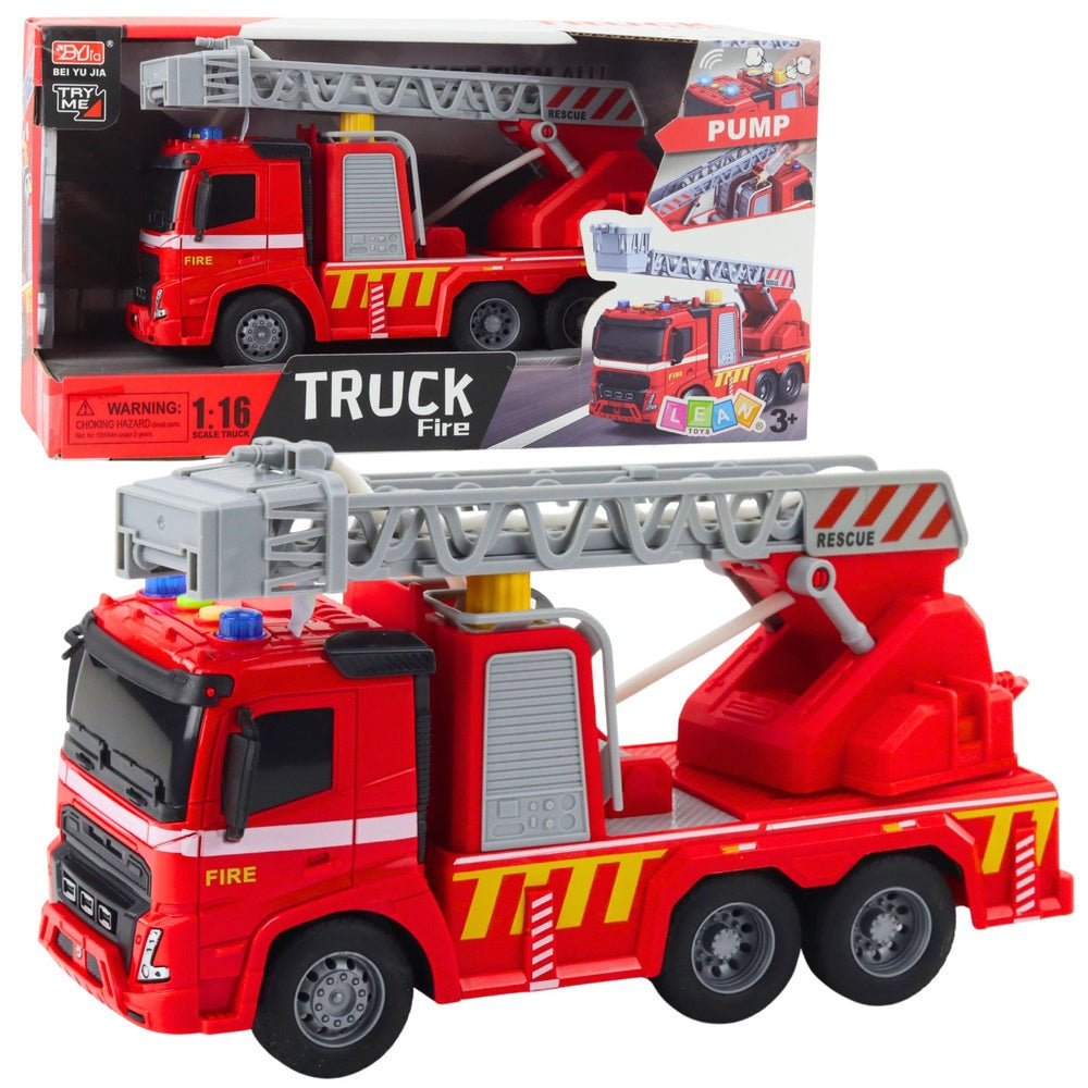 Brandbil leksak 1:16 med stege, vattenstråle, ljus & ljud inkl batterier