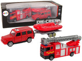 Brandfordon leksaksset 3 delar med stegbil, jeep & motorbåt med trailer